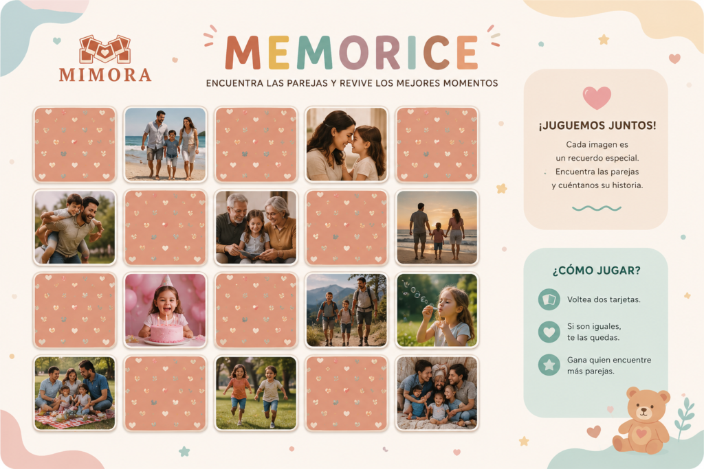 Tablero del juego Memorice de Mimora con tarjetas de fotos familiares