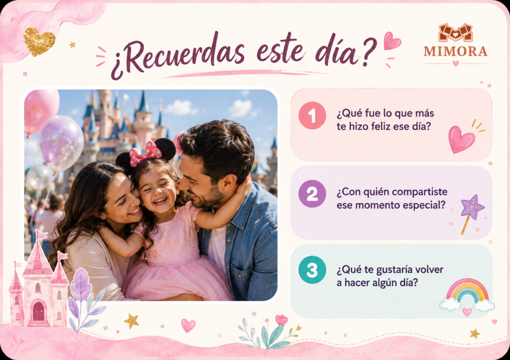 Tarjeta Mimora con la pregunta ¿Recuerdas este día? y una foto familiar en un parque temático