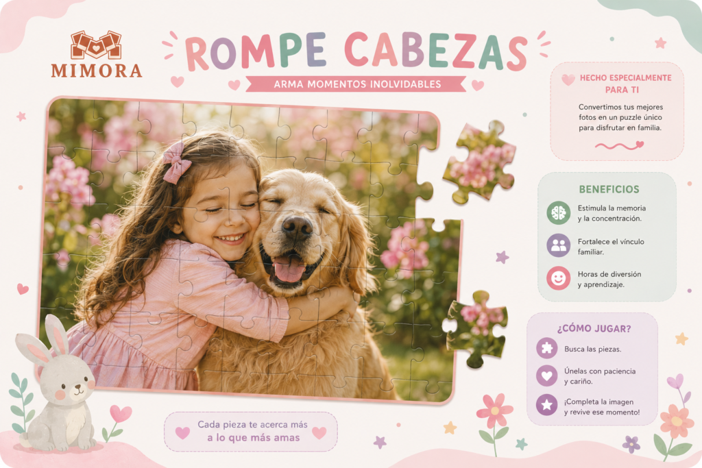 Rompecabezas personalizado Mimora armado con la foto de una niña abrazando a su perro