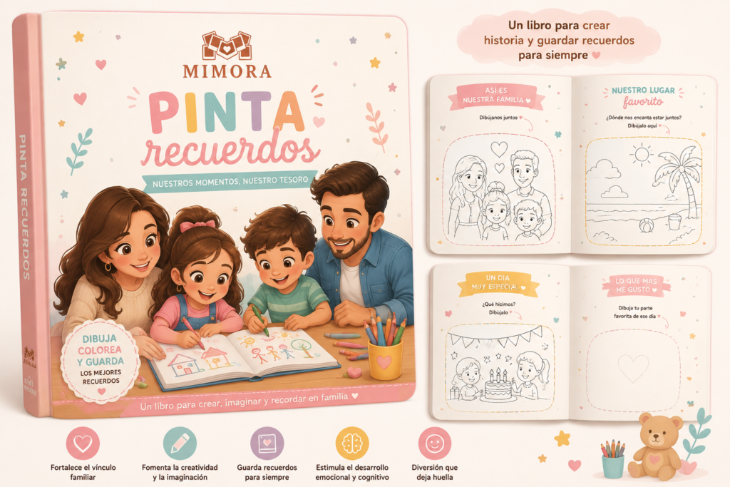 Páginas interiores del libro para colorear personalizado Pinta Recuerdos de Mimora, listas para dibujar en familia