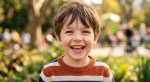 Ejemplo de recuerdo familiar: niño sonriendo en el parque