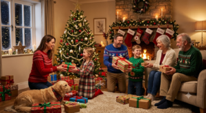 Ejemplo de recuerdo familiar: familia reunida en Navidad junto al árbol