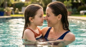 Ejemplo de recuerdo familiar: madre e hija compartiendo un momento en la piscina