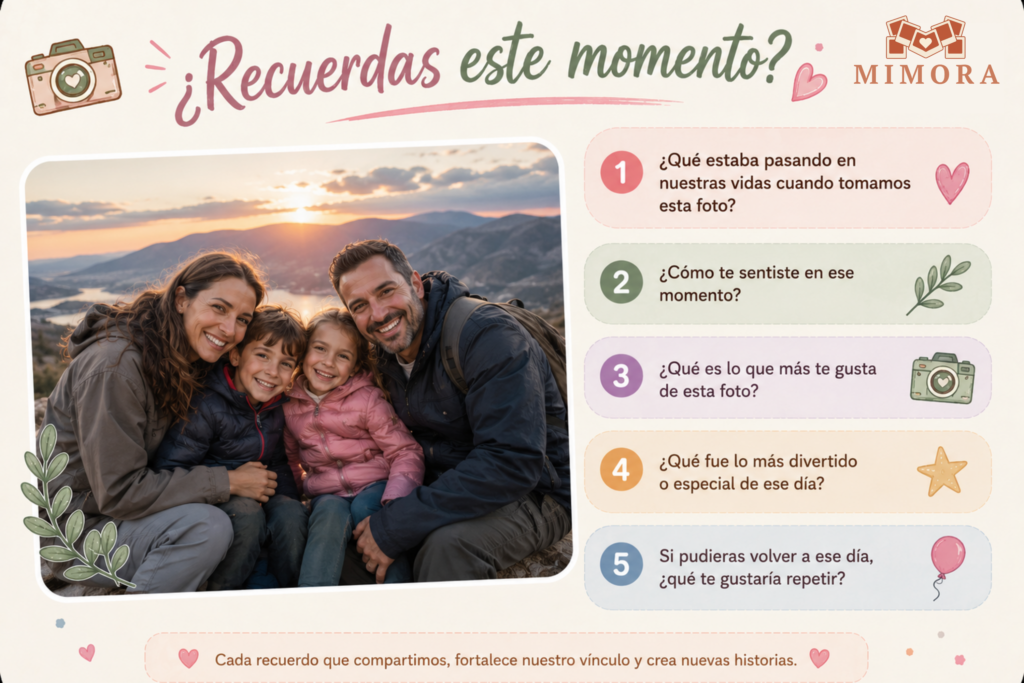 Tarjeta Mimora con la pregunta ¿Recuerdas este momento? y una foto de familia en la montaña