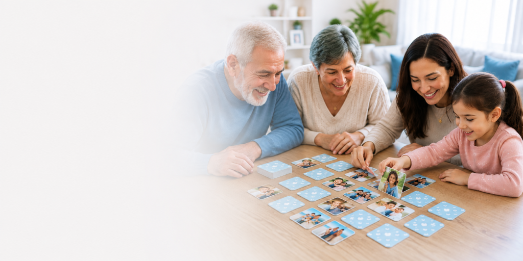 Familia multigeneracional jugando Memorice, el juego de memoria con fotos personalizadas de Mimora
