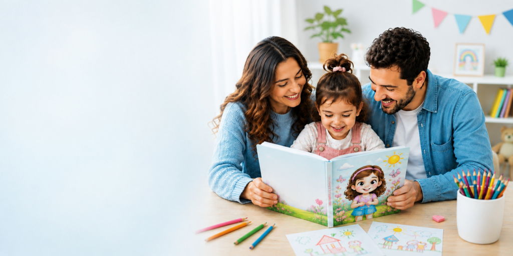 Padre, madre e hija sonriendo mientras leen juntos el libro para colorear personalizado Pinta Recuerdos de Mimora